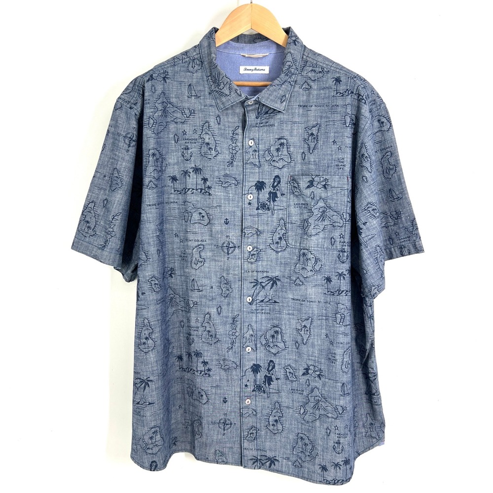 Tommy Bahama Mens XXXL Blue Map Print Cotton Short Sleeve Button Down Shirt